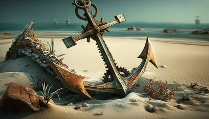 Old and rusty anchor of a pirate ship on the beach of an island, sea in the background. Generative AI - obrazy, fototapety, plakaty