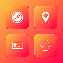 Set Served fish on a plate, Chef hat with location, Online ordering and delivery and icon. Vector