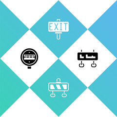 Set Railroad crossing, Road barrier, Fire exit and traffic sign icon. Vector