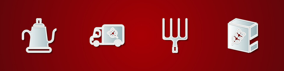 Set Watering can, Flour truck, Garden pitchfork and pack icon. Vector