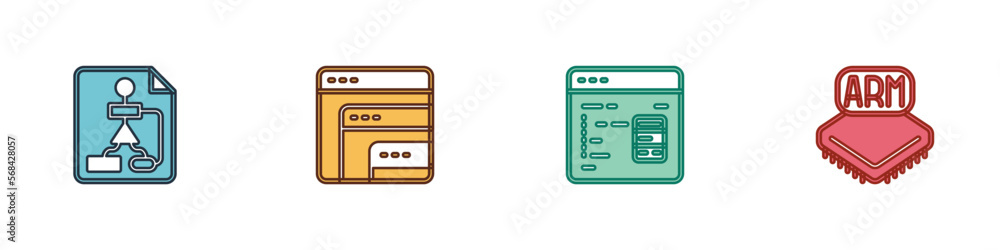 Poster set flowchart, software, and processor icon. vector