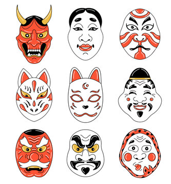 Set traditional japanese culture mask of hannya hyottoko okame tengu kabuki kitsune oni daikokuten illustration isolated on white background