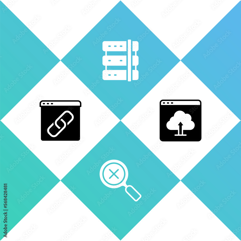 Poster set browser window, magnifying glass and delete, server and cloud upload icon. vector