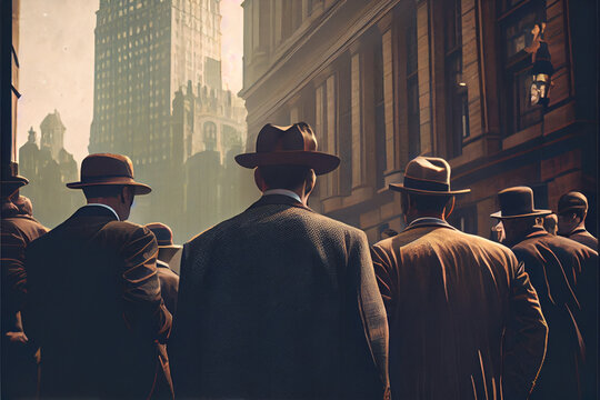 A group of men in Peaky Blinders style 1900s mafia. High quality photo, Ai generated illustration. 