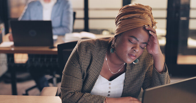 Business, stress and black woman in office, night and overworked. African American female, employee and administrator with depression, tired and burnout for deadline, online schedule and anxiety. - Powered by Adobe