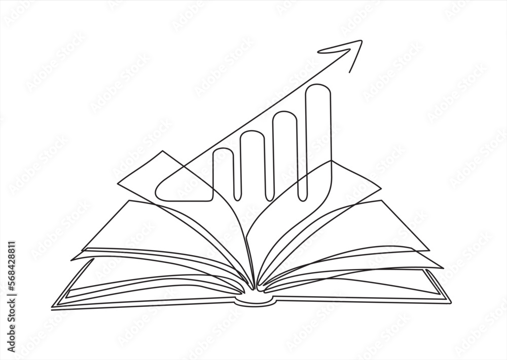 Poster continuous one single line drawing of business infographic with open book learning style