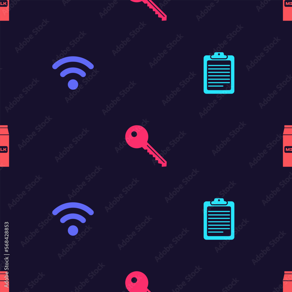 Poster set clipboard with document, wi-fi wireless network, key and paper package for milk on seamless patt