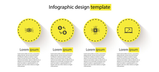 Set Cryptocurrency bitcoin in circuit, exchange, CPU mining farm and Mining with laptop and pickaxe. Business infographic template. Vector