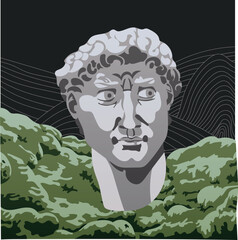 Illustration of David s head on a dark background. The image of a classical figure, behind which mountains and stones covered with moss with abstract line mountains. A modern image of an old statue