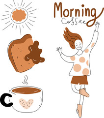 young cheerful woman in pajamas happily dances. weekend morning  coffee, Vector doodle set illustration. 