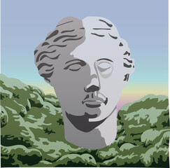 Illustration of the ancient head of the statue of the ancient goddess Aphrodite on a colorful background. Carved stone statue on the background of moss mountains and multicolored gradient sky. Art