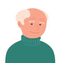 Portrait of a old man with a happy smile. Grandfather face. Gray hair. Flat vector illustration isolated on white background