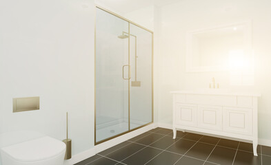 Clean and fresh bathroom with natural light. 3D rendering.. Sunset.