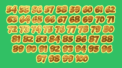Number set 54-100 in gold color, modern dynamic flat design with brilliant colorful on green screen background for your unique elements design,logo, corporate identity, application, creative poster.