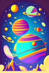 Planets in outer space with satellites, Galaxy, cosmos, universe futuristic fantasy view background for computer game. cartoon vector illustration - generative ai 