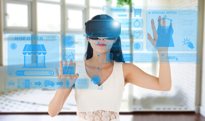 Portrait of happy asian woman use glasses of technology virtual reality headset for fashion online shopping time summer sale and buy something purchases.online shopping VR metaverse technology.