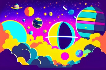 Planets in outer space with satellites, Galaxy, cosmos, universe futuristic fantasy view background for computer game. cartoon vector illustration - generative ai 