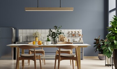 Modern dark blue kitchen and minimalist interior design.