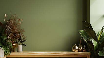 Mockup green wall panelling with wooden shelf in kitchen room.