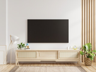 Minimalist TV room design on white wall background.