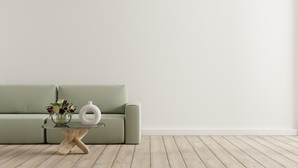 Empty living room with green sofa and table on empty white wall background.