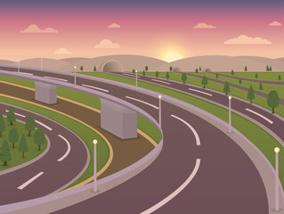 Modern metropolis Speed Highway road with tunnel and side view tree row vector illustration