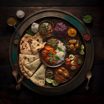 Indian thali platter, with a selection of curries