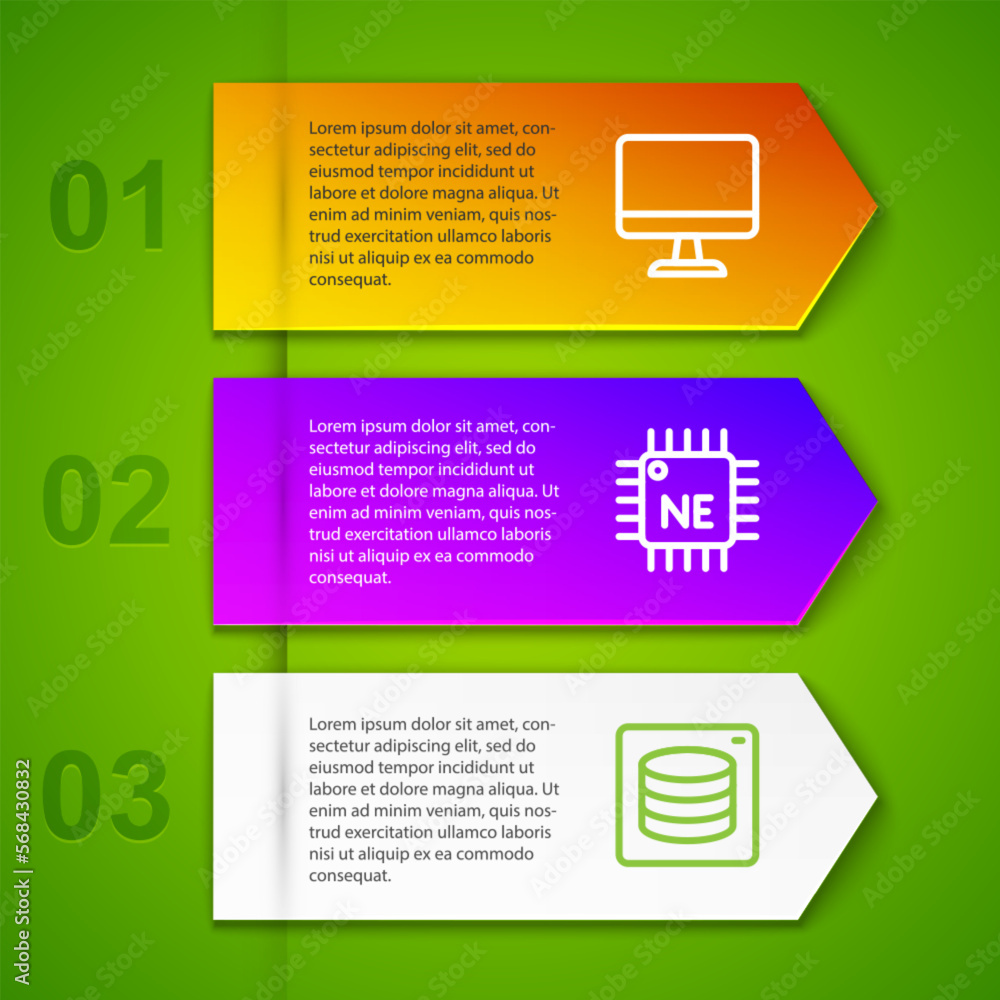 Poster set line computer monitor, processor cpu and server, data. business infographic template. vector