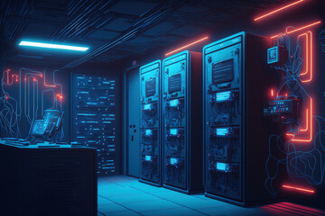 picture of a contemporary, gloomy server room with neon blue lighting. Generative AI