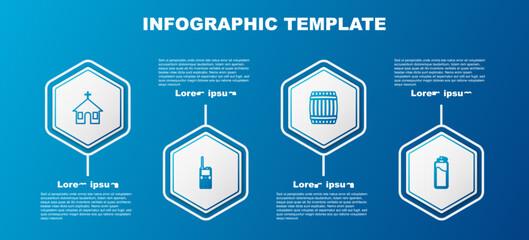 Set line Church building, Walkie talkie, Wooden barrel and Sport bottle with water. Business infographic template. Vector