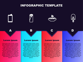 Set line Aluminum can, Burrito, Nachos plate and Ice cream. Business infographic template. Vector