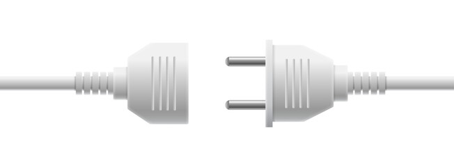 Electric socket with a plug. Connection and disconnection concept. Electric plug and outlet socket unplugged. White wire, cable of energy disconnect  – vector