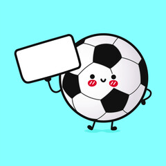 Cute funny Soccer ball with poster. Vector hand drawn cartoon kawaii character illustration icon. Isolated on blue background. Soccer ball think concept