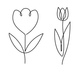 Flower set line art sign. One line artwork. Minimalist contour drawing - stock vector
