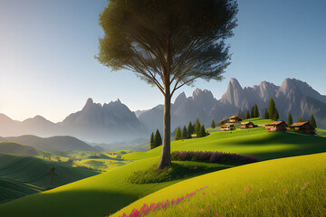 landscape with green grass and mountains