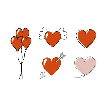 Doodles, heart icons in different shapes and colors, valentines day, Vector, illustration