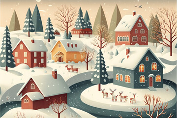 Winter Landscape Illustration, Nordic Minimalistic Village in Snowy Christmas, Colorful Houses and Deers, Generative Ai