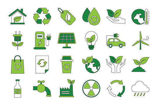 green ecology and environment icon set on white background. conservation saving support.  renewable energy symbol. vector illustration flat color outline. Eco friendly and sustainable sign concept