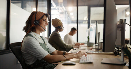 Fototapeta premium Call center, computer and consulting with business woman for telemarketing, customer service and contact us. Communication, sales and crm with girl employee at help desk agency for technical support