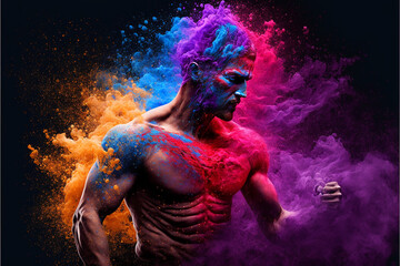 homem atlético em ensaio com explosão de cores, musculos e cores  - obrazy, fototapety, plakaty