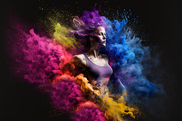 mulher atleta em explosão de poeira de cores coloridas 