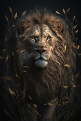 Fototapeta premium Closeup shot of lion's face isolated on dark