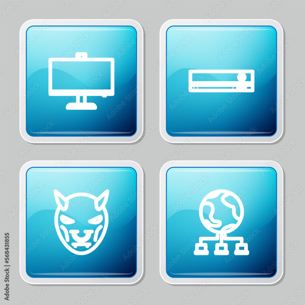 Poster set line computer monitor, video game console, mask of the devil with horns and network icon. vector