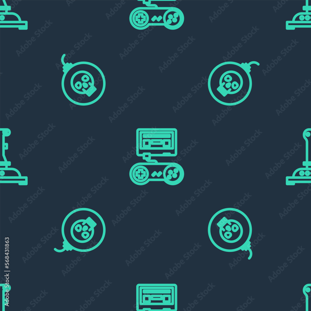 Poster set line game console with joystick, bomb ready to explode and joystick for arcade machine on seamle