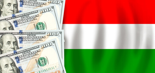 Dollars on flag of Hungary, Hungarian finance, subsidies, social support, GDP concept