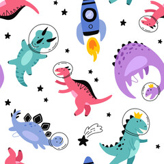 Dino in space seamless pattern. Cute dragon characters, dinosaur traveling galaxy with stars, planets. Kids cartoon vector background. Illustration of astronaut dragon, kids wrapping with cosmic dino