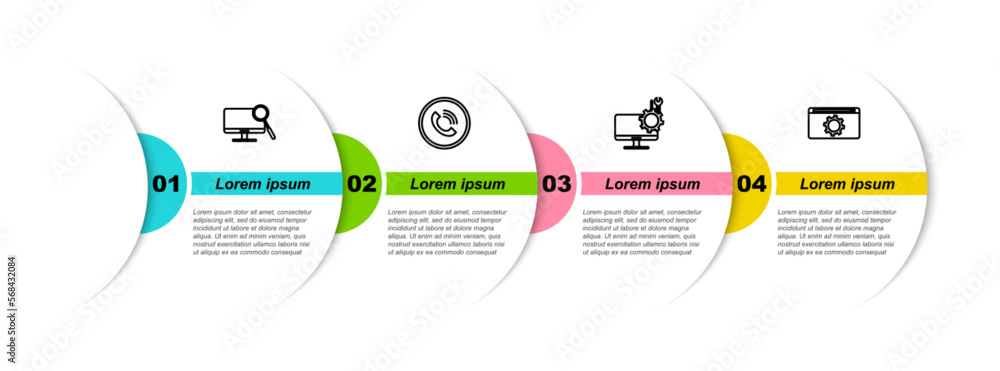 Poster set line computer monitor diagnostics, phone call, service and setting. business infographic templat