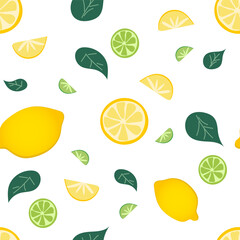 Seamless pattern with lemon and lime on white background. Cartoon tropical illustration. Vector background, wallpaper, backdrop. Bright seamless pattern. Plant floral design.