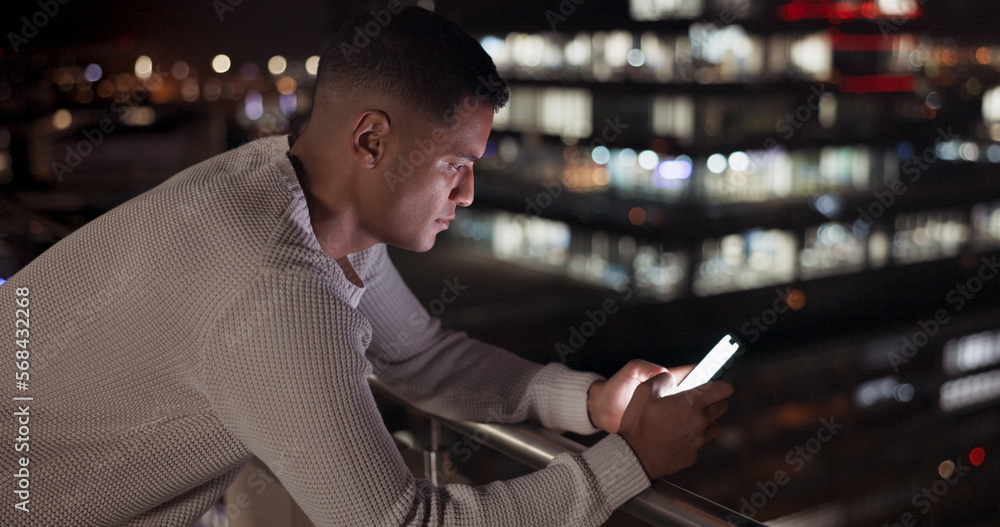 Aufkleber business man, phone and night data while online on an urban building rooftop typing email, search or