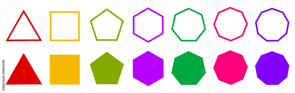 Poster set of geometric shapes, polygons with various number of sides: triangle, quadrangle, pentagon, hexa